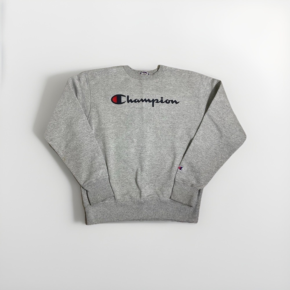 Mens Medium Champion Spellout Logo Crew Neck Sweatshirt Gray Grey